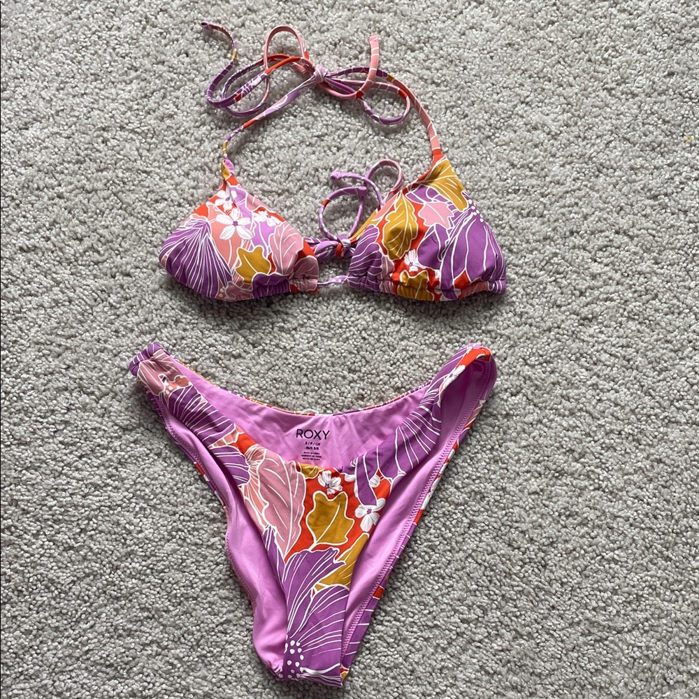 Roxy Pink, Purple & Yellow Floral Triangle Bikini Set